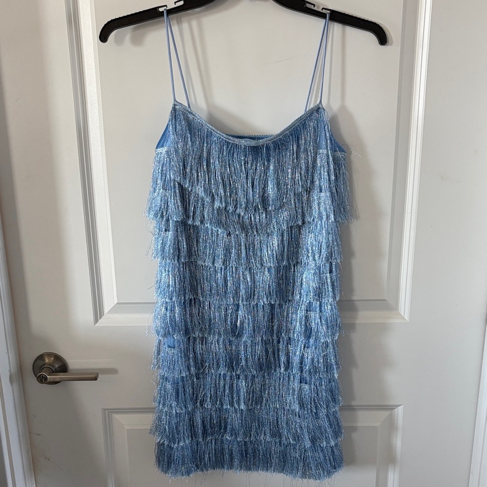 Zara Light Blue Fringe Slip Dress NWT